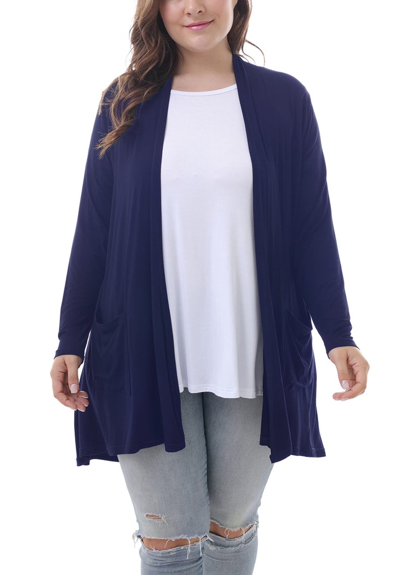 ZERDOCEAN Women's Plus Size Long Sleeve Lightweight Soft Printed Drape Cardigan with Pockets Navy 3X - Image 2